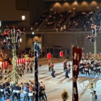 消防団のはしごのりの様子