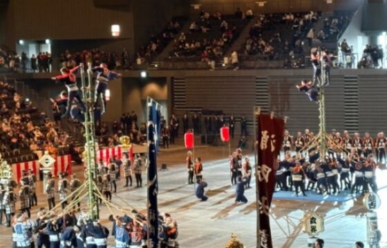 消防団のはしごのりの様子